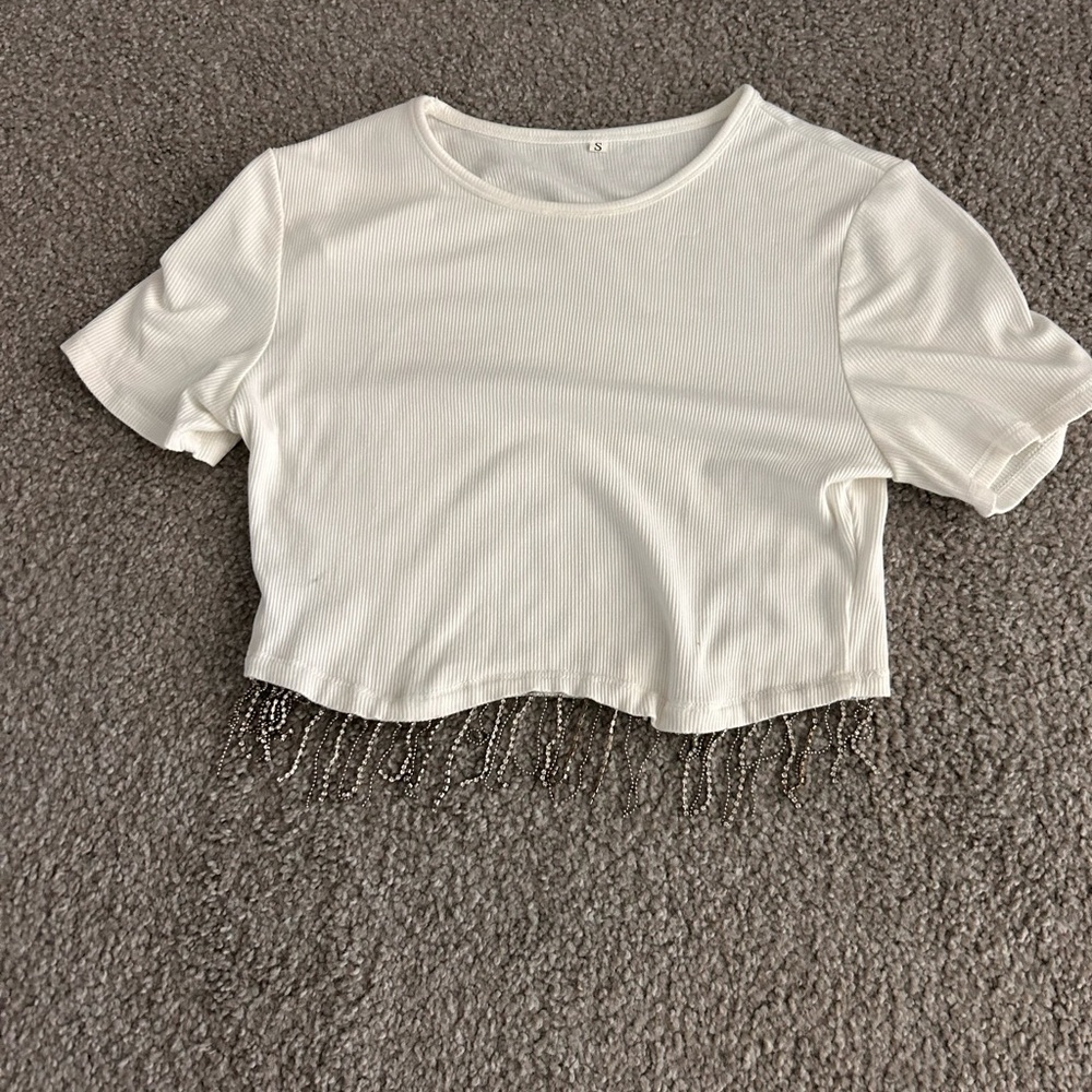 White Beaded Hem Crop Top
